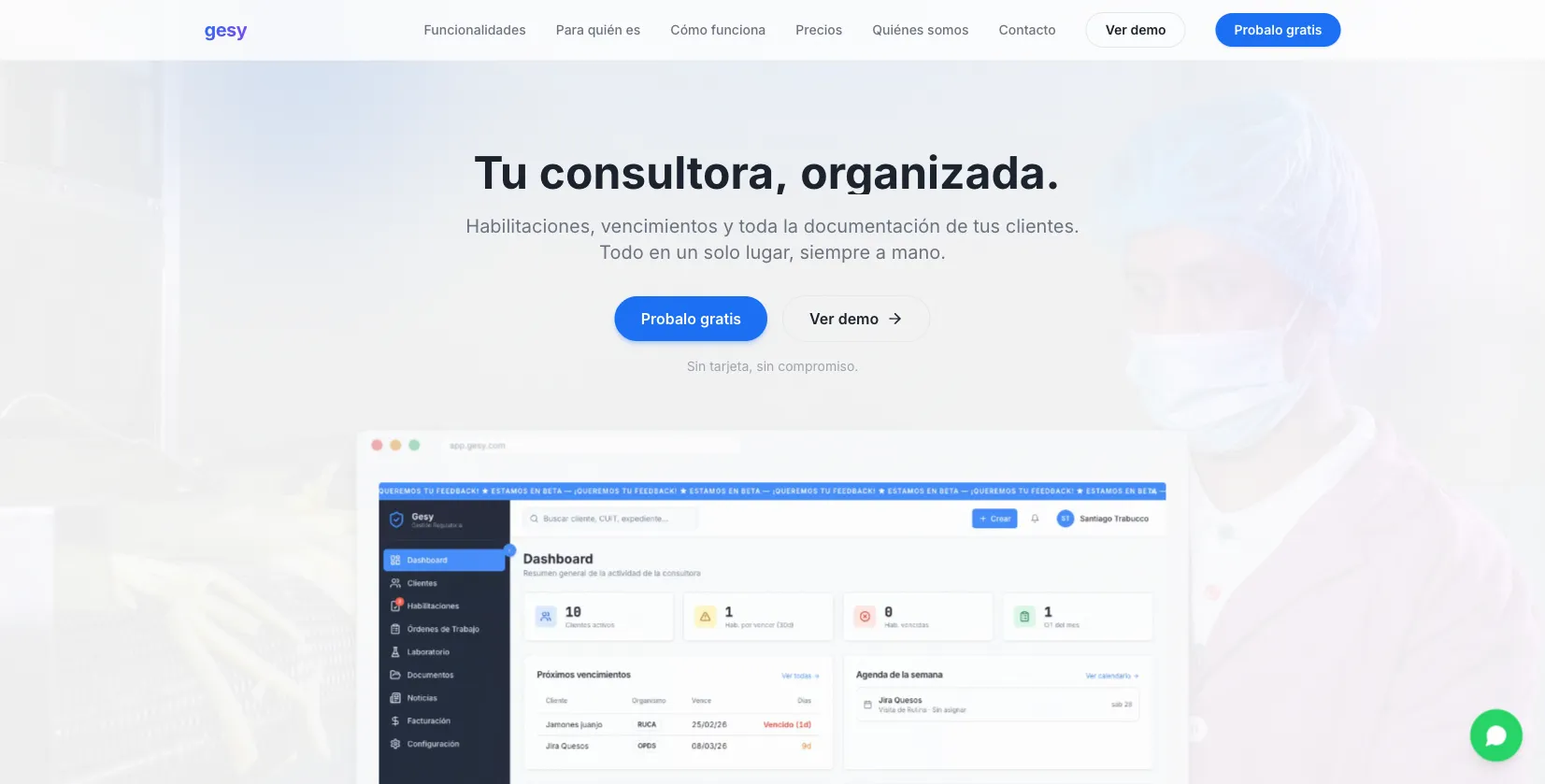 GeSy.tech - Landing page hero con dashboard preview