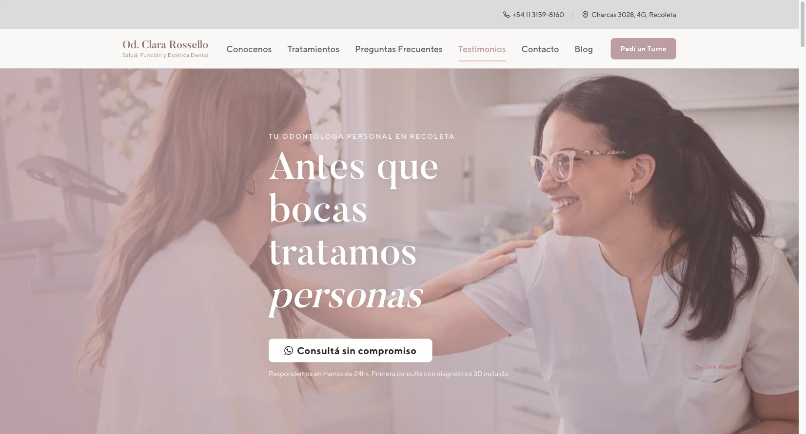 Sitio web de Od. Clara Rossello — hero con paciente